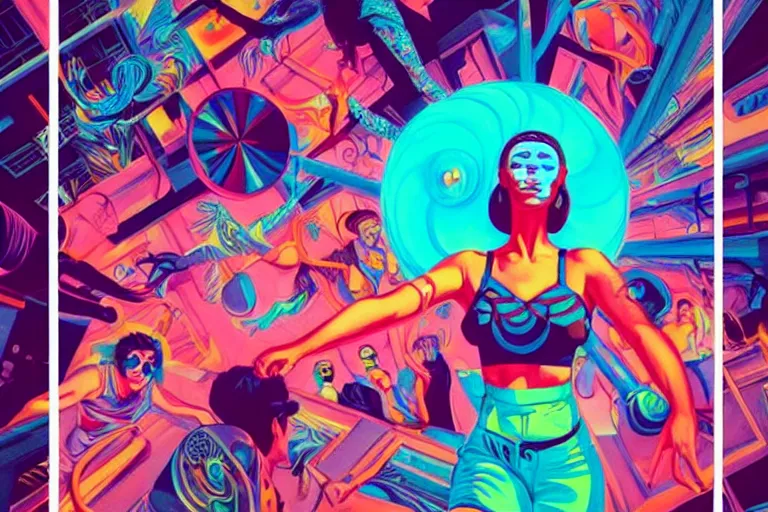 Prompt: a levitating dance party, rave, tristan eaton, victo ngai, artgerm, rhads, ross draws