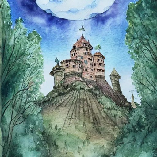 Image similar to laputa castle in the sky flies over the forest, watercolor illustration for a book