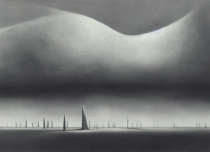 Image similar to flatland of chimney vents emitting billowing smoke, surrealist painting by Kay Sage, Yves Tanguy, cold tone