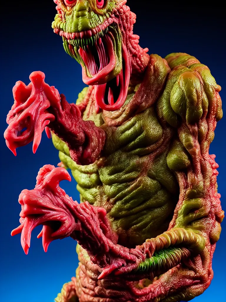 Image similar to hyperrealistic rendering, fat smooth cronenberg flesh monster predator by bernie wrightson and killian eng and joe fenton, product photography, action figure, sofubi, studio lighting, colored gels, colored background