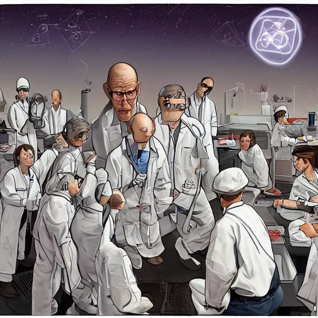 Prompt: engineers and scientists in labcoats confront a malevolent computer, glowing digital runes, panicked scientists in the background, ( futurism ), rhads!!!, james gurney, ( art fitzpatrick ), ( asaf hanuka ), ( ( barclay shaw ) ), ominous, saturday morning cartoon, clean linework, western animation