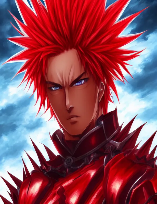 Prompt: a detailed manga portrait of a handsome tall man with spiked crimson hair in fiery crimson crystalline armour, trending on artstation, digital art, 4 k resolution, detailed, high quality, sharp focus, hq artwork, coherent, insane detail, character portrait