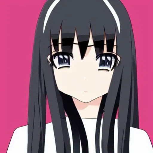 Prompt: girl with black hair, long bangs covering both of her eyes, anime style