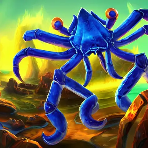 Image similar to blue giant crab monster, crab claws, fantasy digital art, magical background in the style of hearthstone artwork