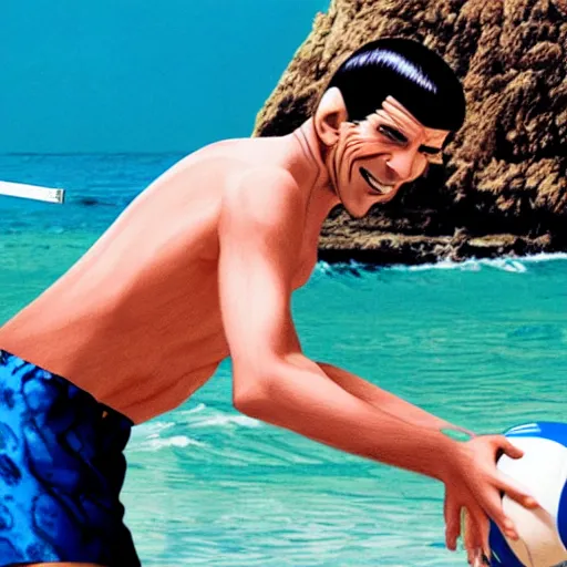 Prompt: Mr. Spock playing volleyball, smiling, sunny, beach, ultra realistic