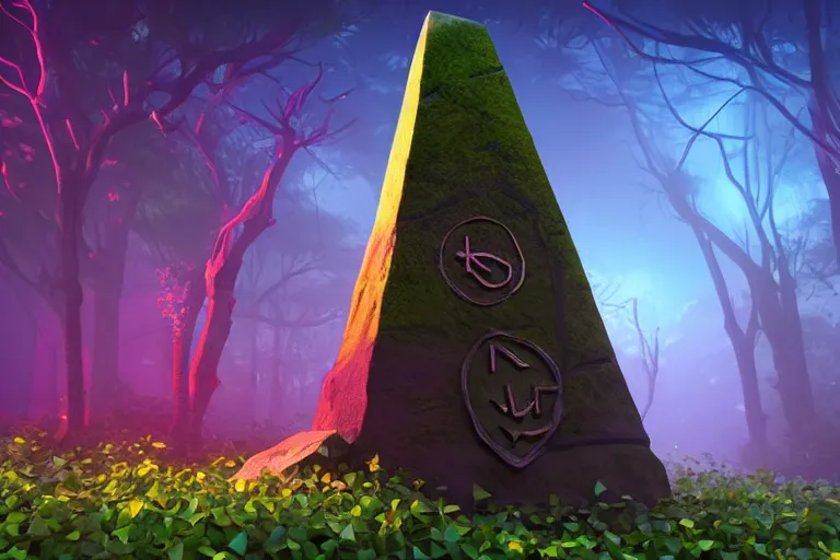 Image similar to super detailed color lowpoly art, overgrown mystical forest meadow, ancient stone obelisk with subtle glowing runes, thick vines wrapping around, unreal engine, retrowave color palette, 3 d render, lowpoly, colorful, digital art, perspective