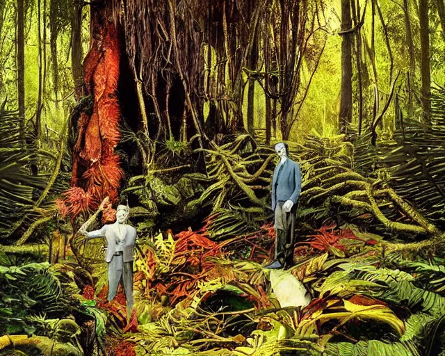 Prompt: edgar cayce and aldous huxley in a forest, epic colorful hyper detailed award winning photography