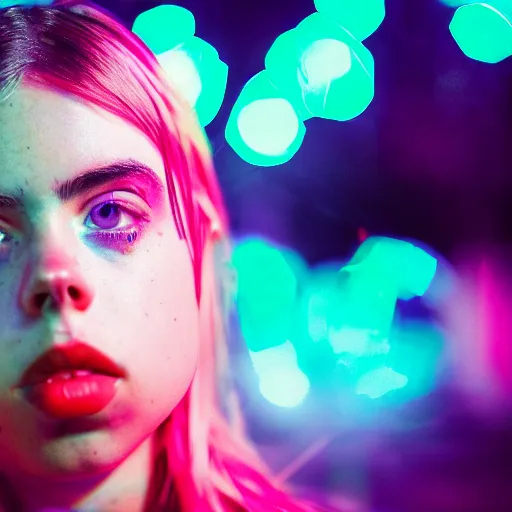 Image similar to billie eilish girl in the street, explosion of neon lights, close up, 5 0 mm lens, model photography detailed realistic