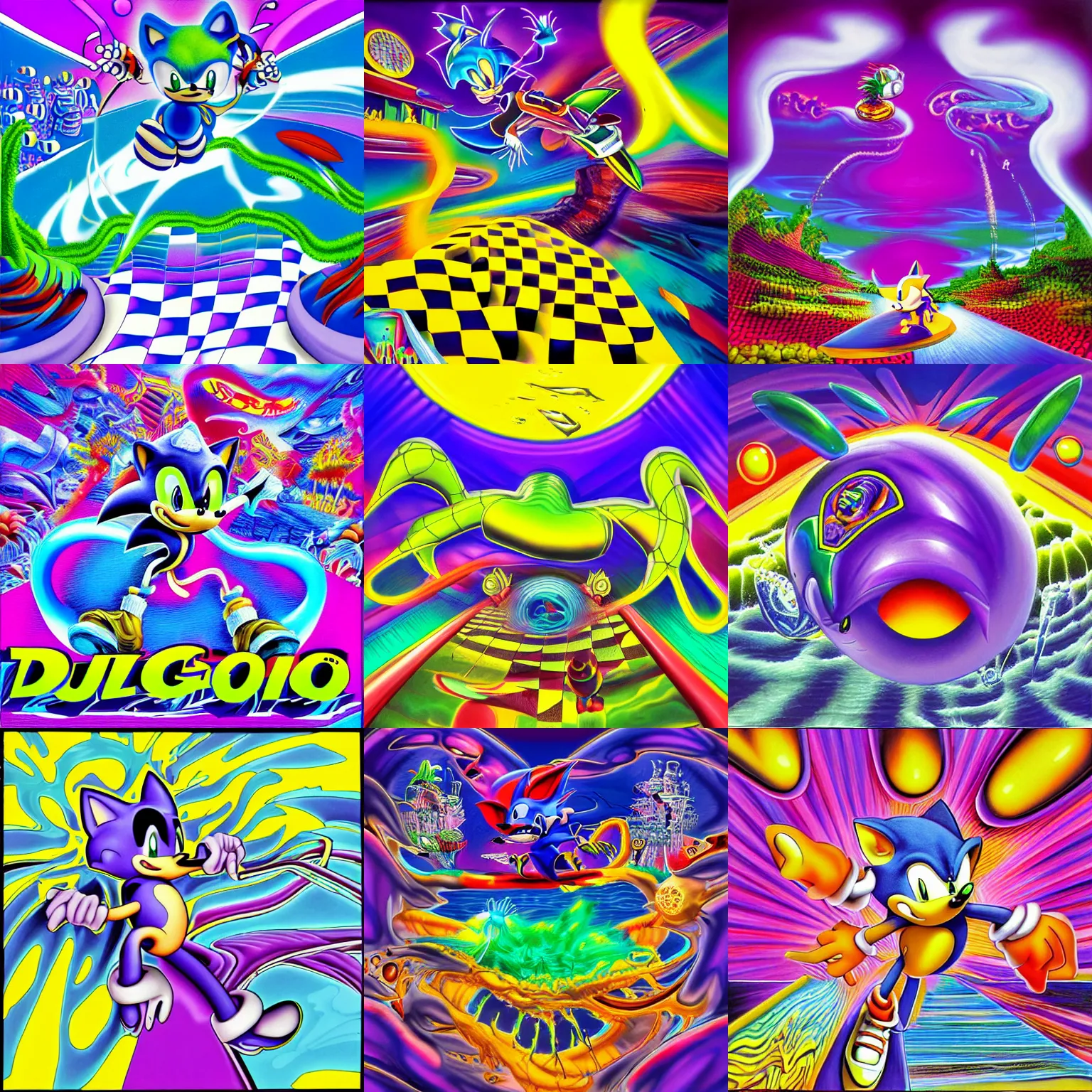 Prompt: surreal, sharp, detailed professional, high quality airbrush art mgmt album cover of a liquid dissolving airbrush art lsd dmt sonic the hedgehog surfing through cyberspace, purple checkerboard background, 1 9 9 0 s 1 9 9 2 sega genesis video game album cover