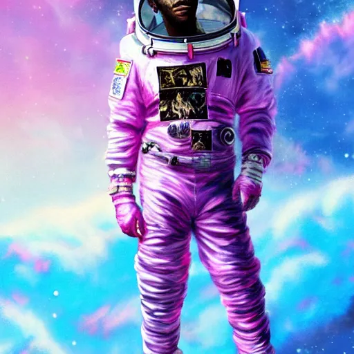 Prompt: Full body portrait of Lil Uzi Vert wearing a pink spacesuit, art by Yoshitaka Amano, matte painting, trending on artstation, space clouds art