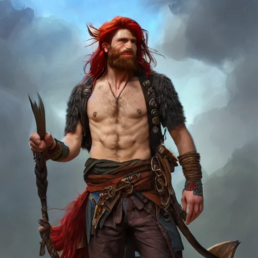 Prompt: portrait of a young ruggedly handsome but joyful pirate, male, masculine, upper body, red hair, long hair, d & d, fantasy, intricate, elegant, highly detailed, digital painting, artstation, concept art, matte, sharp focus, illustration, art by artgerm and greg rutkowski and alphonse mucha