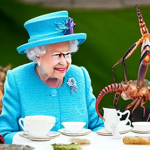 Prompt: “Queen Elizabeth having an English tea party with a mantis shrimp and an octopus, laughing”