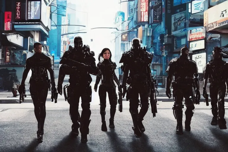 Image similar to movie diverse interracial team of Japanese sci-fi futuristic robbers armed with rifles interior clean futuristic tactical van, cyberpunk city, beautiful skin, Symmetrical faces. natural lighting by Emmanuel Lubezki