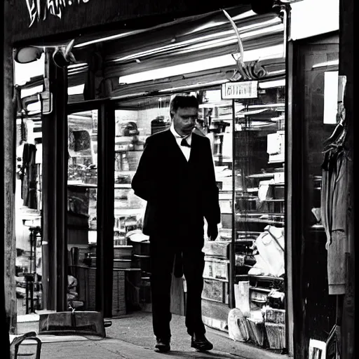 Prompt: a man wearing a black suit walking around in his shop by reg rutkowski