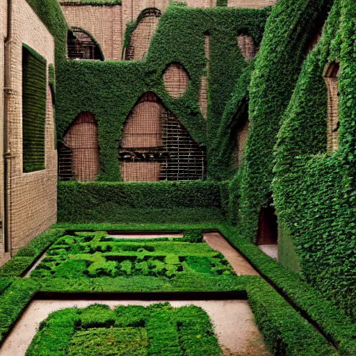 Prompt: courtyard complex of a labyrinthine monastary made of iteratively stacked voxel bricks, fusion of carlo scarpa and louis kahn, moss and ivy growing on the bricks, architectural photography