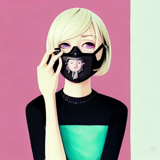 Image similar to urban girl fanart with black facemask, blond bob haircut, muted colors, matte print, pastel colors, ornate, digital art, cute smile, digital painting, fan art, elegant, pixiv, by ilya kuvshinov, by studio ghibli