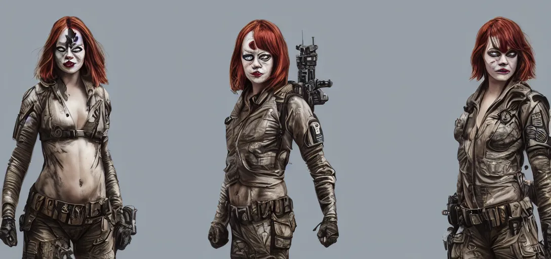 Image similar to character sheet concept art of emma stone as a special forces superhero, gypsy, face paint, realistic, hyperrealistic, photographic, costume, wlop, dan mumford, greg rutkowski, high detail, octane render, alexander mcqueen, james gurney, photo, 8 k, mucha, james jean, intricate