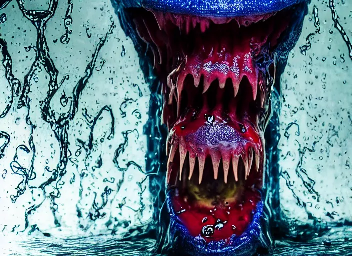 Image similar to a giant slimy creepy monster, very long slimy tongue, dripping saliva, mouth inside a mouth, macro photo, many long wet tongues, translucent skin, fangs, red glowing veins, thin blue arteries, cinematic colors, standing in shallow water, insanely detailed 8 k artistic photography, dramatic lighting