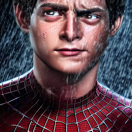 Image similar to Peter Parker as Spiderman , wet face , heavy rain ,dramatic, intricate, highly detailed, concept art, smooth, sharp focus, illustration, Unreal Engine 5, 8K