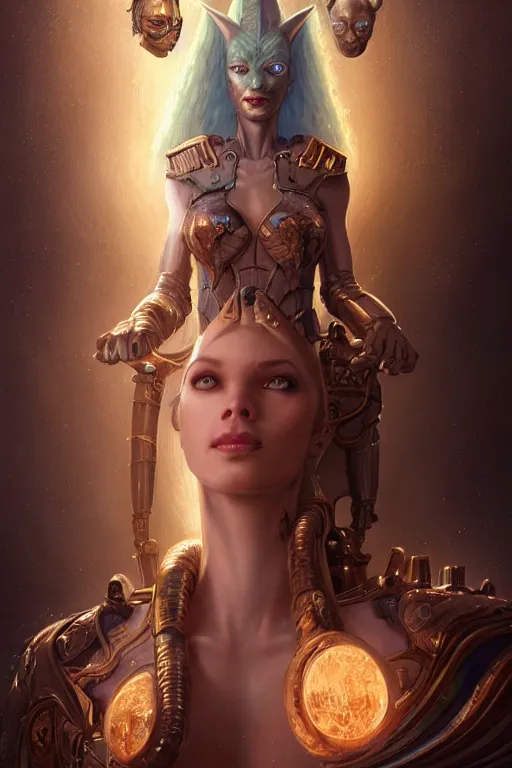 Prompt: portrait oils, beautiful female hybrid cyborg atlantean anubis hada elsa jean alien warrior, regal, realistic, refined, detailed, digital art, jessica rossier, michael cheval, esao andrews, steampunk, walt disney, francois boucher, oil painting, highly detailed, cinematic lighting, unreal, natural tpose