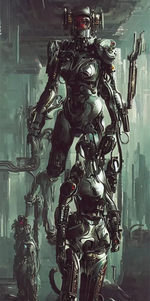 Image similar to a epic female cyberpunk powered armor, super complex and instruct, epic stunning atmosphere, hi - tech synthetic rna bioweapon nanotech demonic monster horror by syd mead, michael whelan, jean leon gerome, junji ito