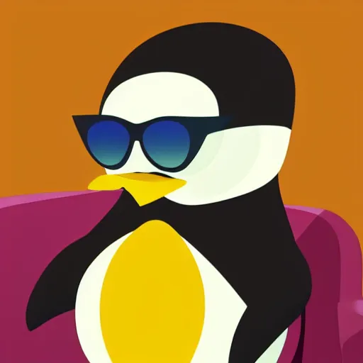 Prompt: a penguin sitting in a chair with sunglasses on at night!!! vector art by tom whalen, trending on polycount, neo - dada, chillwave, global illumination, synthwave