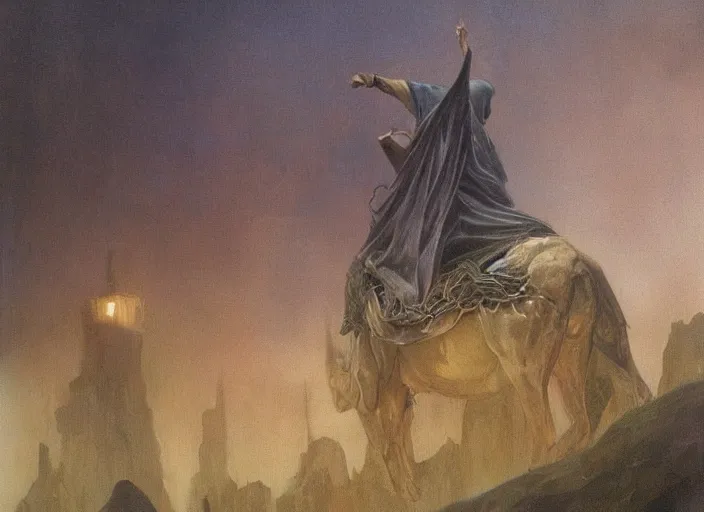 Prompt: nazgul, painting, atmospheric lighting, natural lighting, nazgul from lord of the rings, wide shot, atmospheric, flowing robes by alphonse mucha, nazgul by alan lee and john howe