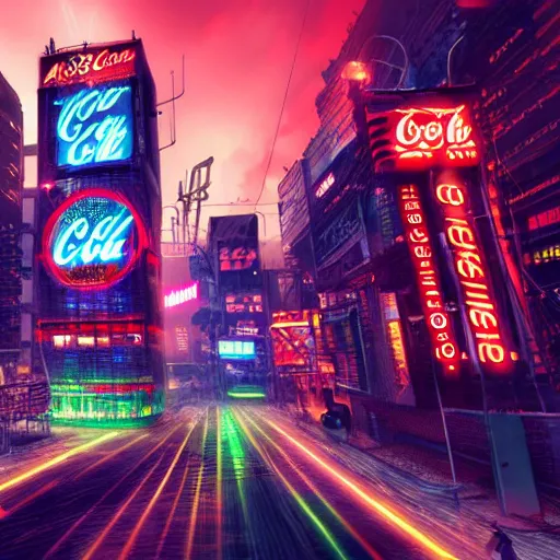 Prompt: a cyberpunk city with crazy neon coca - cola signs in an apocalyptic atmosphere, photorealistic, 4 k