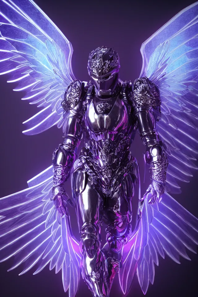 Image similar to a photo of 8k ultra realistic archangel with 6 wings, full body, intricate purple and blue neon armor, ornate, cinematic lighting, trending on artstation, 4k, hyperrealistic, focused, high details, unreal engine 5, cinematic