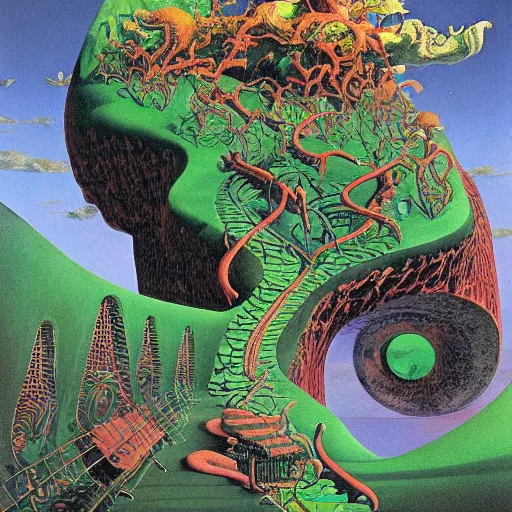 Image similar to new visions of hell, very detailed and colorful, by August Mobius, by Roger Dean, by M.C. Escher, beautiful, eerie, surreal, psychedelic