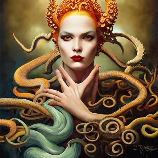 Prompt: dynamic composition, a painting of a sorcerer with hair of octopus tentacles and sea weed, a surrealist painting by tom bagshaw and jacek yerga and tamara de lempicka and jesse king, featured on cgsociety, pop surrealism, surrealist, dramatic lighting, ornate gilded details