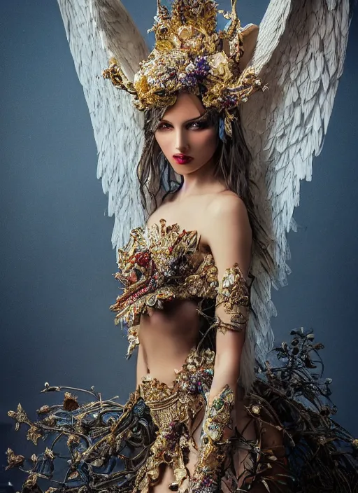 Image similar to expressive full body photo of a female model as beautiful angel, ornate headpiece made from flowers, ivory, ornaments, glamour shot, by karol bak, by stefan gesell, octane render, unreal engine, photorealistic, canon r 3, fashion photography, studio shot, environmental portrait, dark fantasy, dark beauty, magazine, symmetrical features