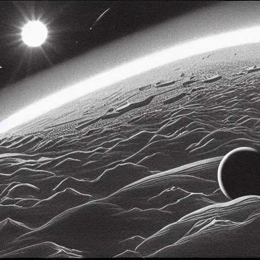 Image similar to dark solar eclipse, above rocky mountains, highly detailed, studio 4 k quality, by chesley bonestell