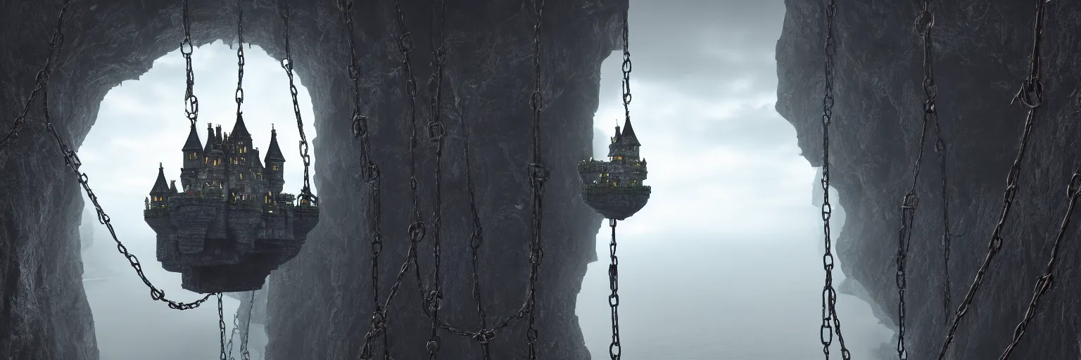 Prompt: hyper realistic cinematic view of floating castle hanging by chains in the air, in between a gorge, below only cloud dark void, structured by chains and cables, 8 k resolution