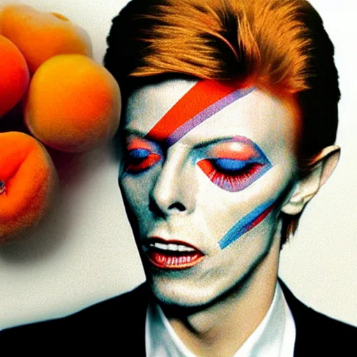 Image similar to a photo of an apricot with david bowie's face on it