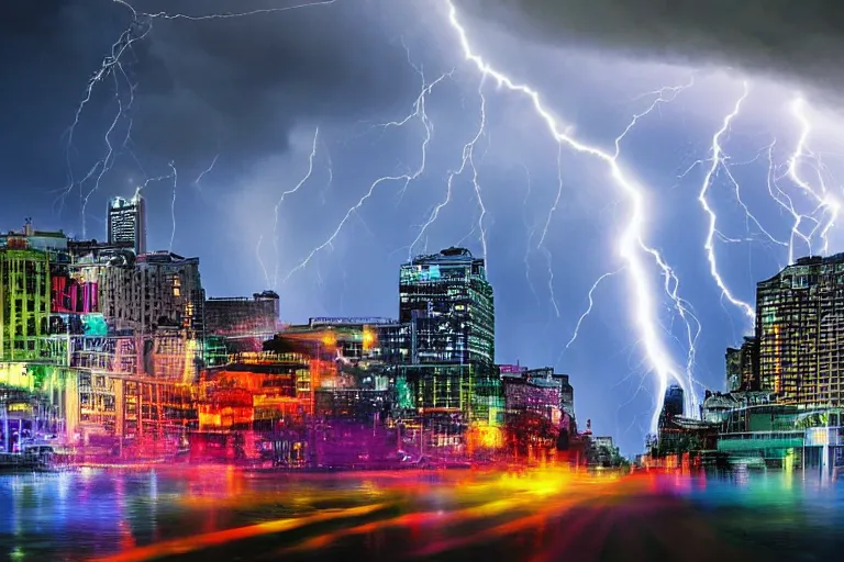 Image similar to multiple water tornado in the city, lightning strikes, ultra realistic, photorealistic, highly detailed, sharp focus, vivid, colorful