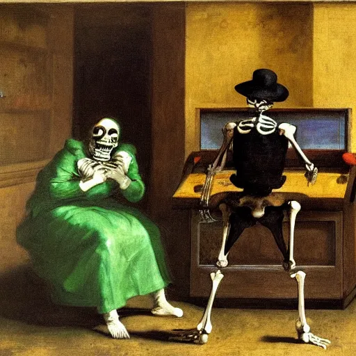 Image similar to a skeleton scanning groceries behind the cash register at Safeway while wearing a green apron, by Francisco Goya, Arnold Bocklin, chiaroscuro