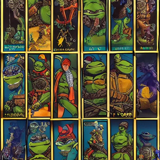 Image similar to The full set of tarot cards in the style of ninja turtles, hyperrealistic, highly detailed, depth of field, High definition, 8k, octane render, artstation