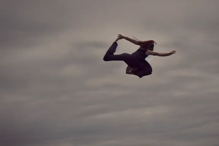 Prompt: photo of young woman that can fly hovering a few feet off the ground by Emmanuel Lubezki