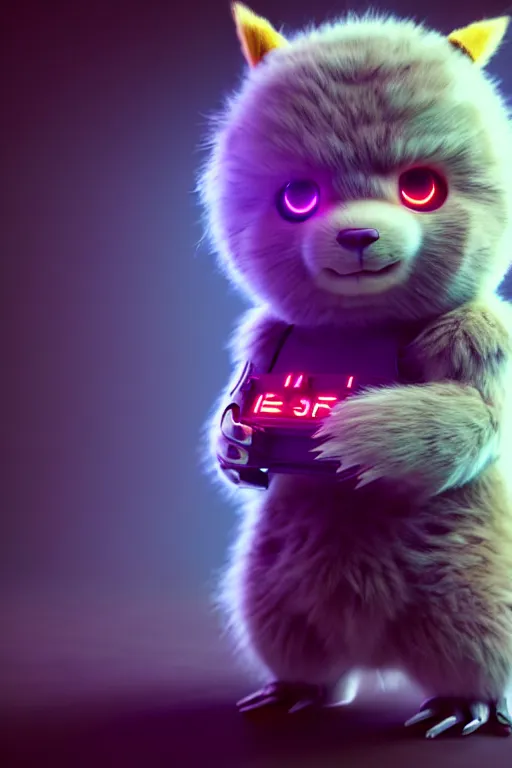 Image similar to high quality 3 d render cyberpunk very cute fluffy! wombat cyborg, mechanical paw, highly detailed, unreal engine smooth, in the style of detective pikachu, hannah yata charlie immer, cinematic neon blue light, low angle, uhd 8 k, sharp focus