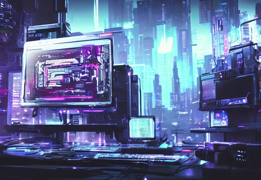 Image similar to cyberpunk computer running a videogame, highly detailed