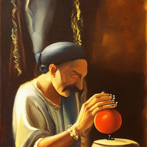 Image similar to painting by remus grecu, of fortune teller with crystal ball, and wealthy customer