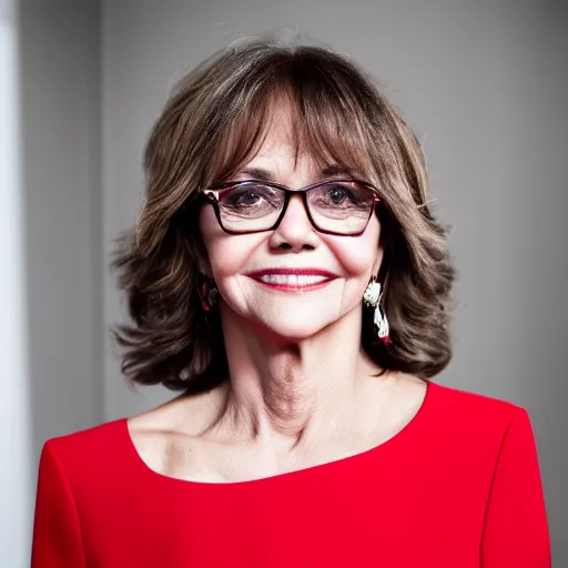 Image similar to dslr portrait still of sally field wearing a beautiful red dress, 8 k 8 5 mm f 1. 4