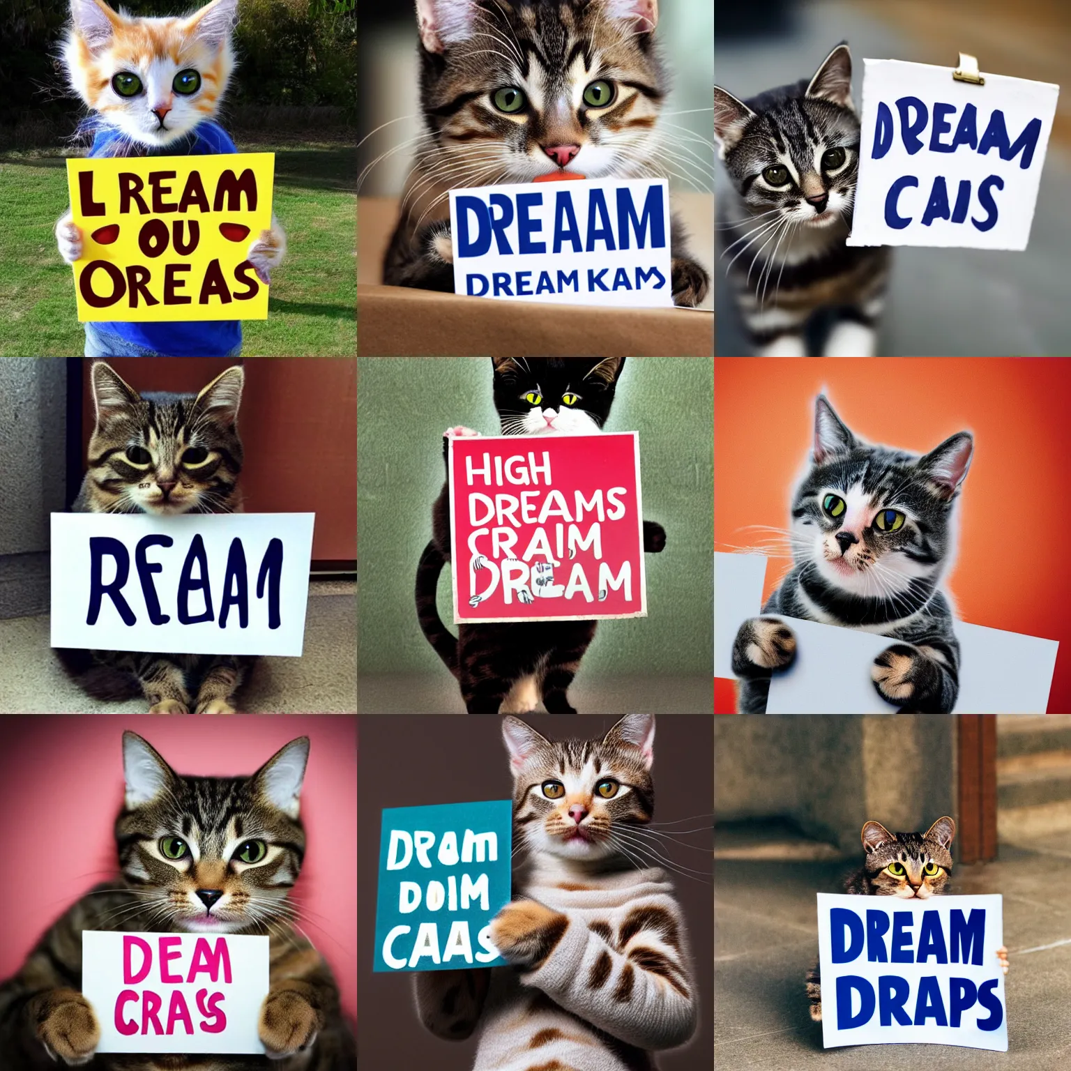 Image similar to realistic high quality photo of a cute cat holding a sign with text that reads : dream cats