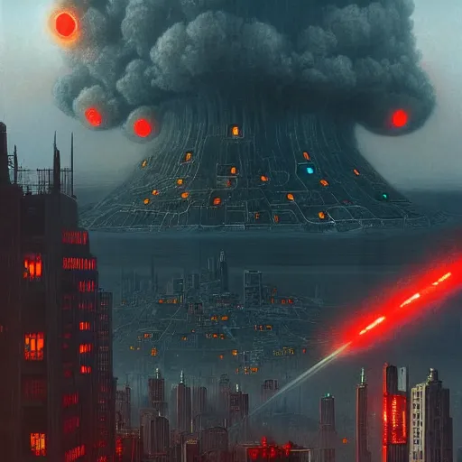 Image similar to giant robot with ominously glowing red eyes stands on top of city that is on fire, concept art, intricate details, highly detailed, in the style of chris foss, rodger dean, moebius, michael whelan, and gustave dore