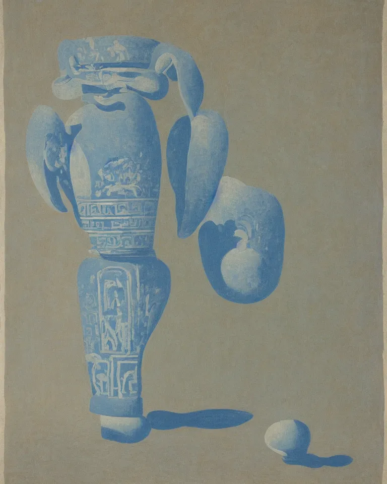 Image similar to achingly beautiful print of one painted ancient greek vase on baby blue background by rene magritte, monet, and turner. symmetrical, shadows.