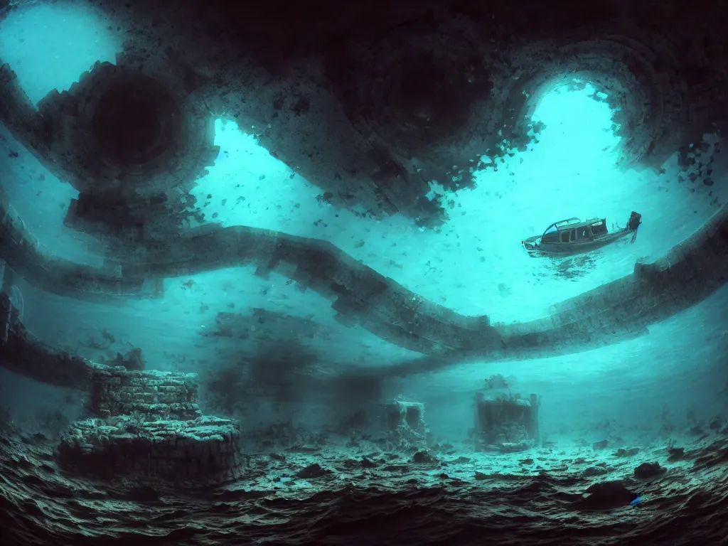 Image similar to full color, wide shot, submerged pre - incan temple, dark, underwater, symmetrical, bubbles, abyss, grenada underwater sculpture park, anime style mixed with fujifilm, detailed gouache paintings, stylized, dark, murky, foggy, atmospheric, artstation, cgsociety, octane render, cgi, unreal engine 5, denoise, cinematic masterpiece