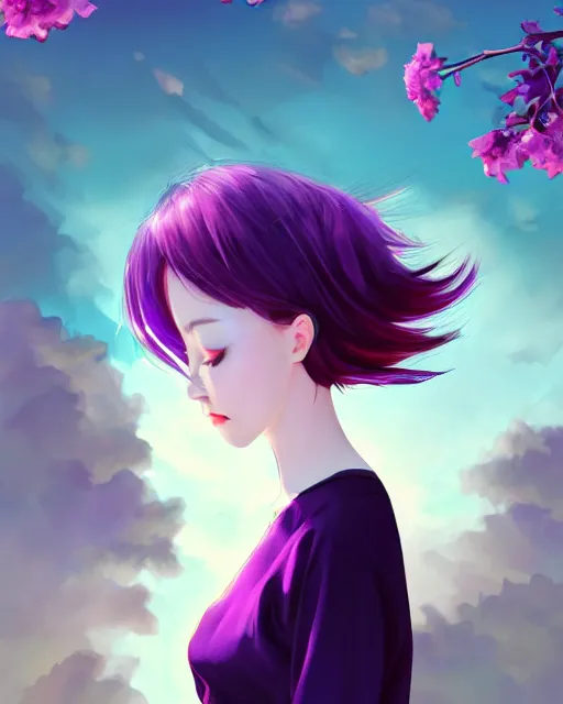 Image similar to girl with purple hair and black skirt, flower decoration on the background, a beautiful half body illustration, backlit, harsh overhead sunlight, art by seungmin kim and sakimichan