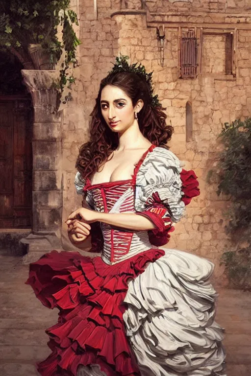 Image similar to rosalia vila i tobella, the singer rosalia, highly detailed, spanish princess, flamenco dancer, highly detailed, digital painting, night scene, 1 8 th century barcelona courtyard, trending on artstation, concept art, sharp focus, illustration, art by artgerm and greg rutkowski and magali villeneuve