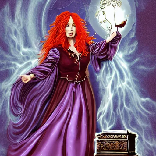 Prompt: The celestial warlock (Tori Amos cosplaying as a warlock) clumsily knocks a single red rose from the top of a funerary urn, releasing an angry wraith from inside the urn. The urn is on the floor, the rose is falling. Dramatic digital art illustration in comic book style by Simon Bisley